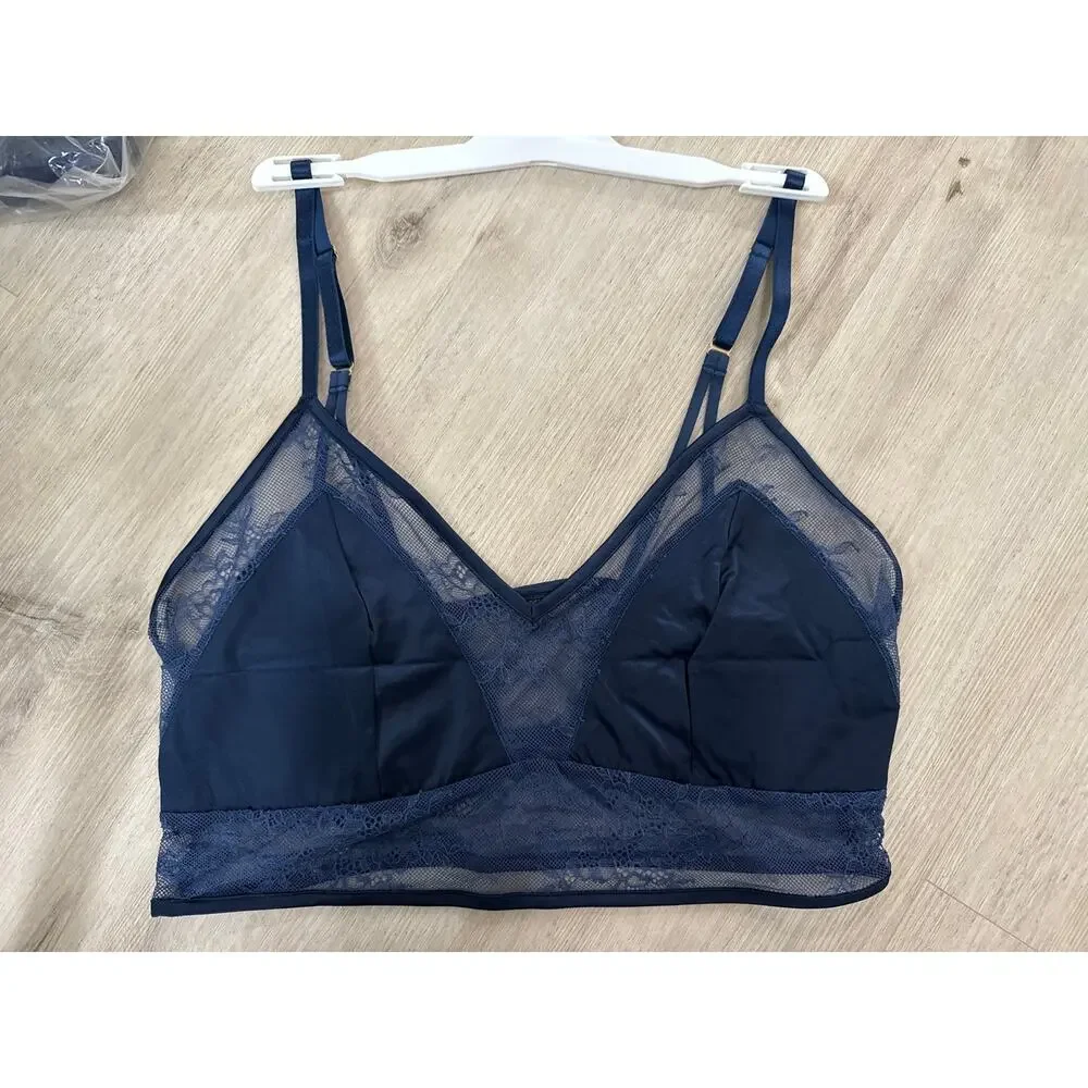NWT Auden Women's Satin & Lace Longline Unlined Bralette Navy Blue Size Large